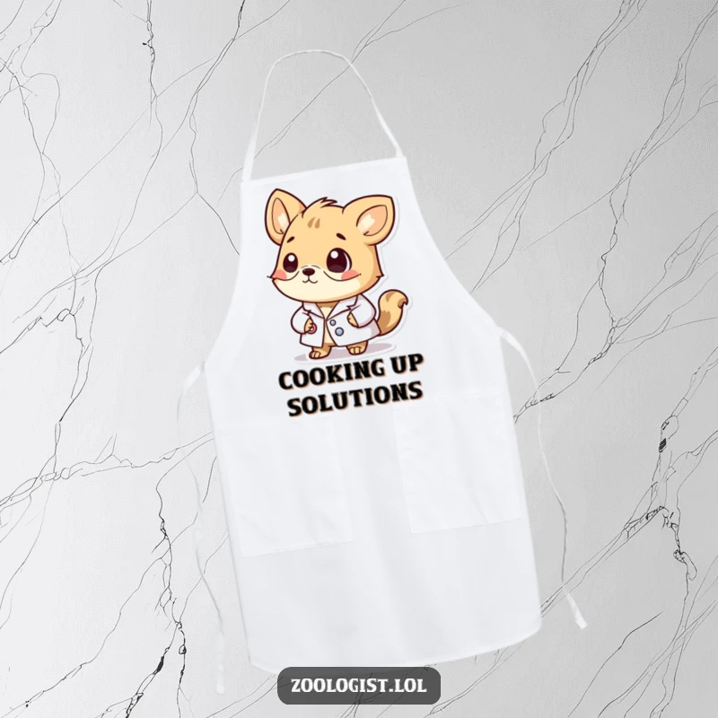 Funny apron with a cute animal character in a lab coat, looking thoughtfully intelligent while handling kitchen experiments.
