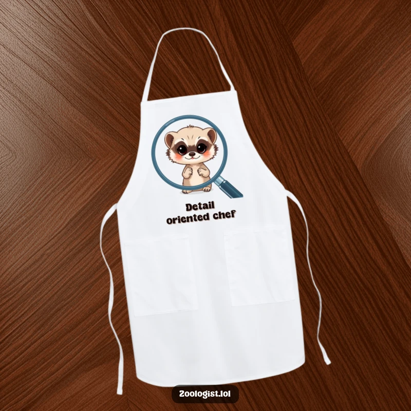 Funny meerkat apron featuring a meerkat peering through a magnifying glass at ingredients, ensuring observational cooking fun.