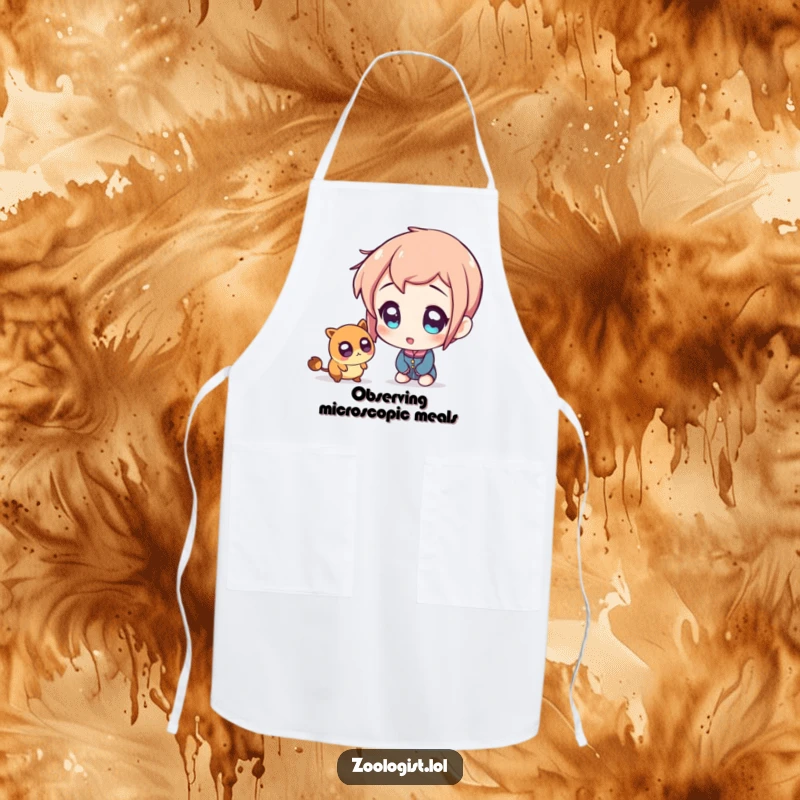 Funny apron with a character gasping with wide, amazed eyes at a tiny creature, adding humor to meal preparation.