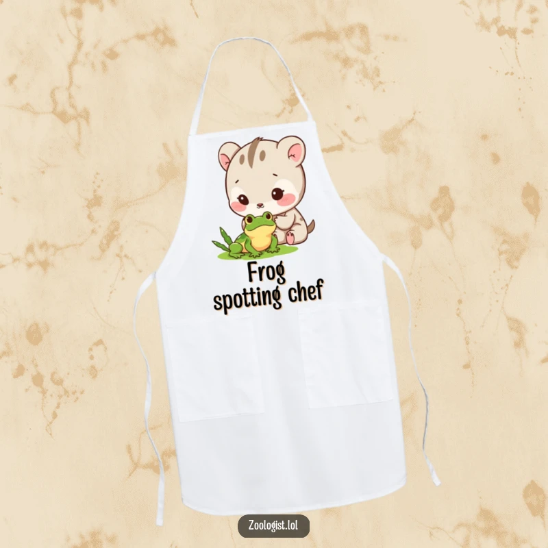 Funny Apron: Cute animal character is carefully observing a tiny frog with gentle excitement, wearing an apron.