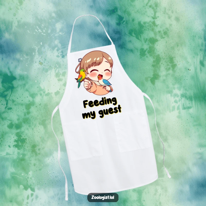 Funny apron showing a character excitedly pointing to a beautiful, colorful bird perched on their finger, perfect for kitchen fun.