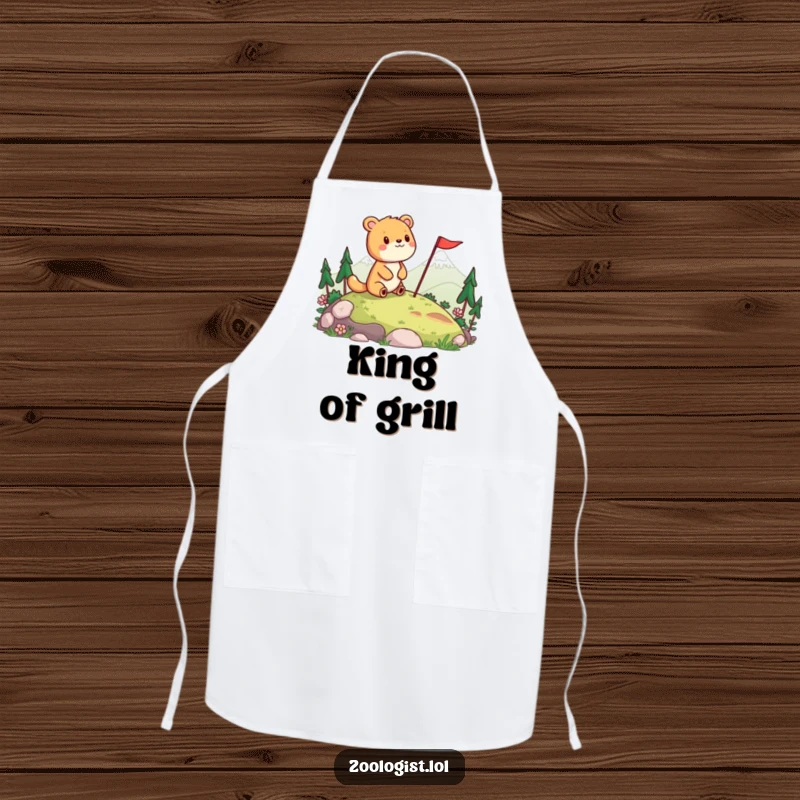 Funny apron with a cheerful animal surveying a landscape and planting a flag, designed for humorous kitchen celebrations.