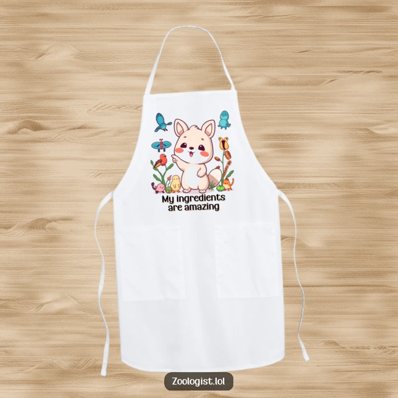 Funny apron featuring a cute animal character excitedly pointing at a collection of various specimens, ideal for collectors.