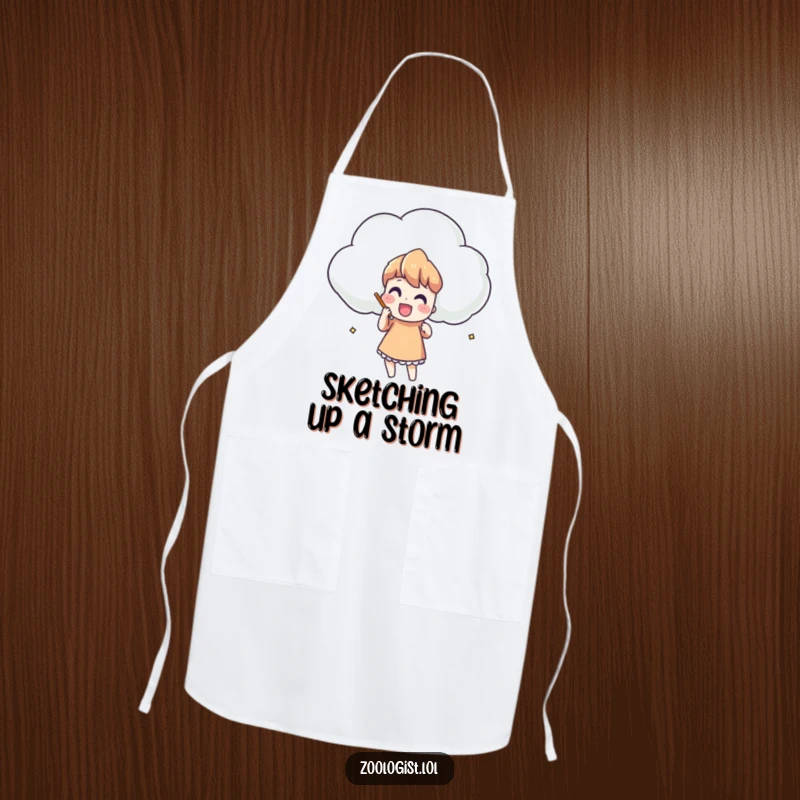 Funny apron showing a character enthusiastically sketching a large, funny-shaped cloud, perfect for artistic cooks.