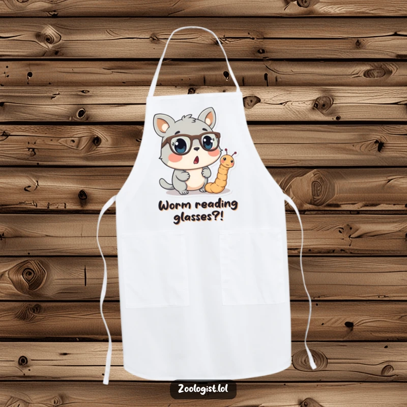 Funny apron featuring a surprised animal character looking at a tiny worm wearing spectacles, perfect for humorous cooking sessions.