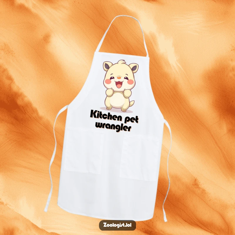 Funny apron showing a character gently taming a playful, bouncing creature in a kitchen setting, adding humor to cooking.