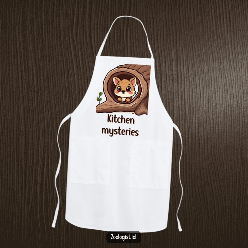 Funny apron with a curious animal character peering into a hollow log, designed for humorous kitchen adventures.