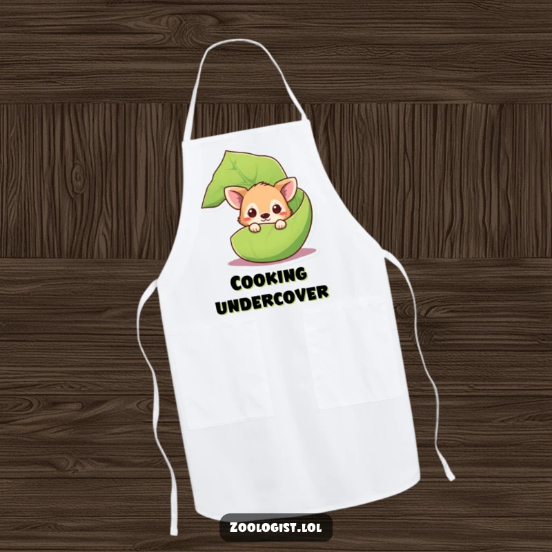 Funny curious animal apron with a cute creature peeking from behind a giant leaf, ideal for kitchen explorations.