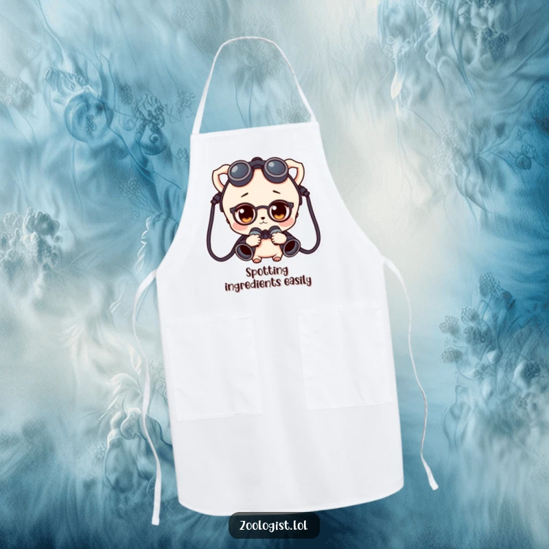 Funny character wearing binoculars around their neck, appearing curious while cooking, featured on a protective and humorous apron.