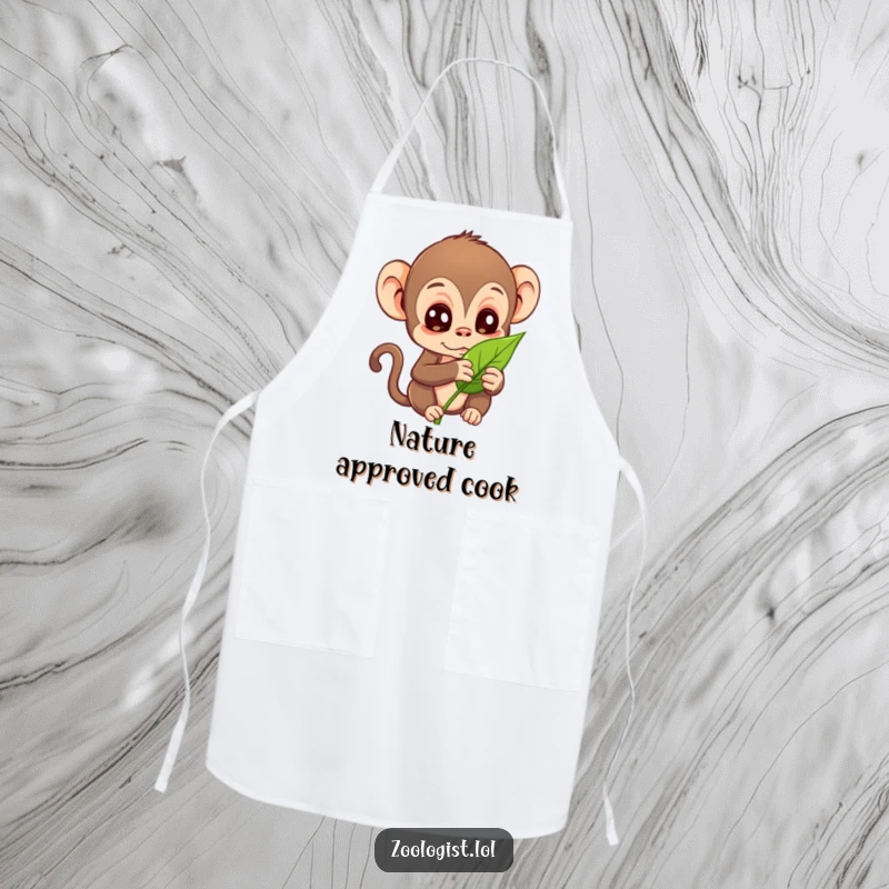 Funny apron with a curious monkey character examining a leaf, perfect for humorous kitchen or outdoor use.