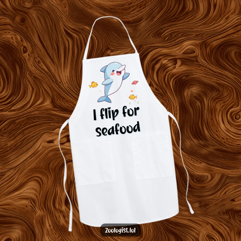 Funny apron design of an ecstatic dolphin leaping joyfully while observing fish, ideal for kitchen fun and protection.