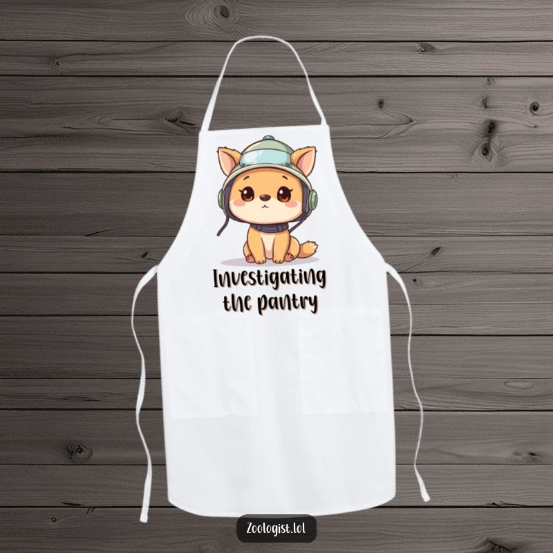 Funny apron featuring a cute animal character in a pith helmet, looking around curiously, perfect for kitchen or workshop use with an explorer theme.