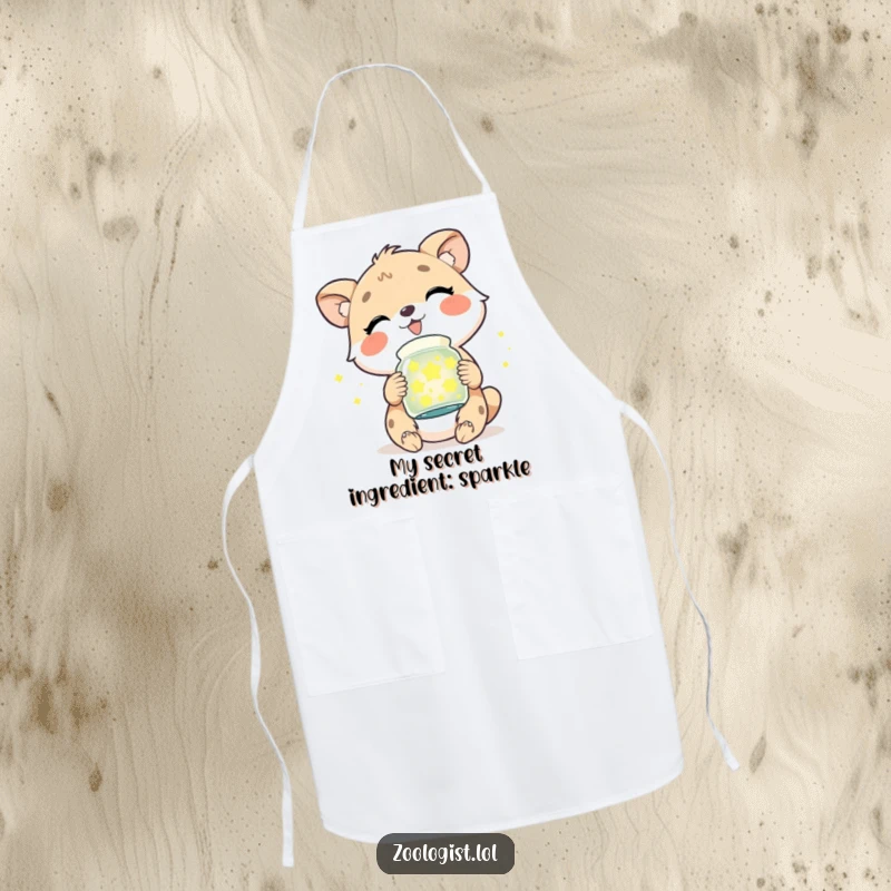 Funny kitchen apron showing a cute animal character in a gleeful giggle, holding a jar filled with twinkling, glowing fireflies.