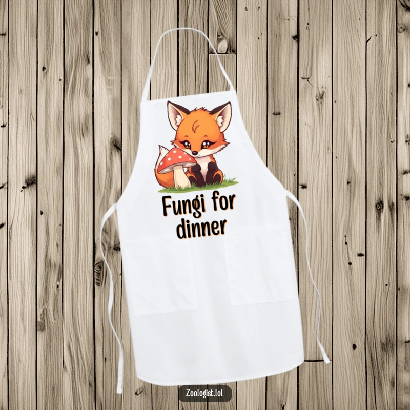 Funny fox apron featuring a curious fox examining a mushroom, bringing humor and personality to kitchen tasks.