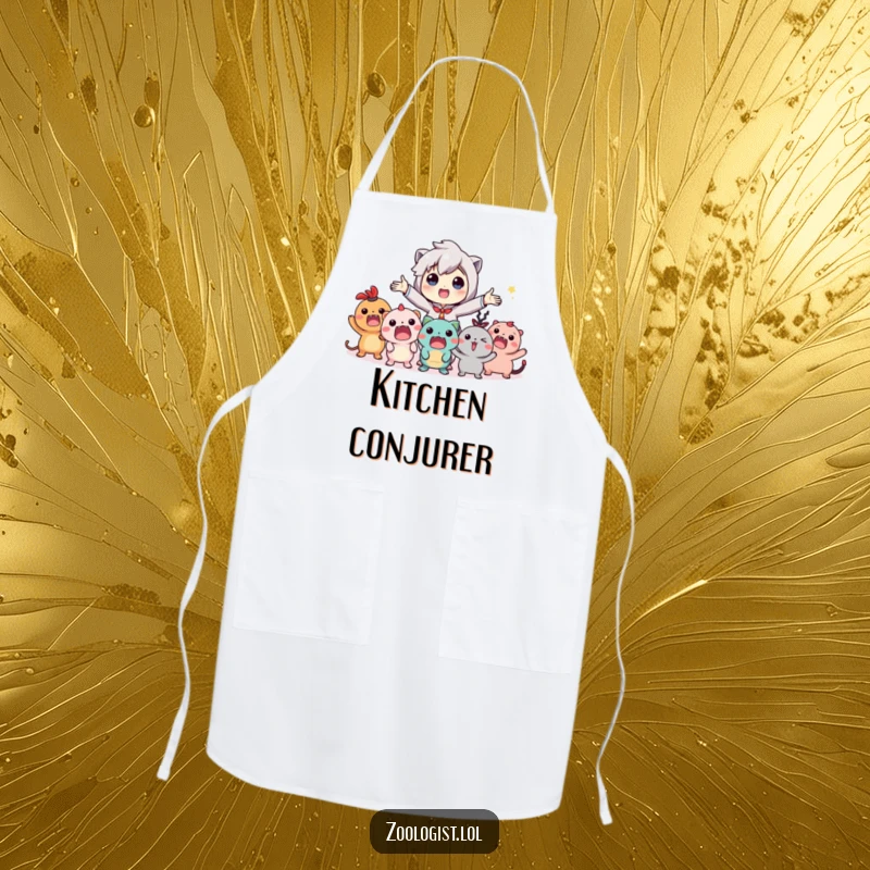 Funny apron featuring a character enthusiastically directing imaginary creatures in a cooking frenzy, perfect for a lively kitchen.