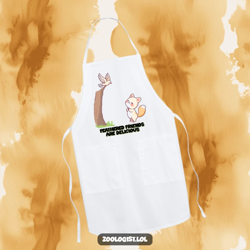 Funny apron with a cute animal character joyfully observing a bird in flight, designed for those who love nature and a good laugh.