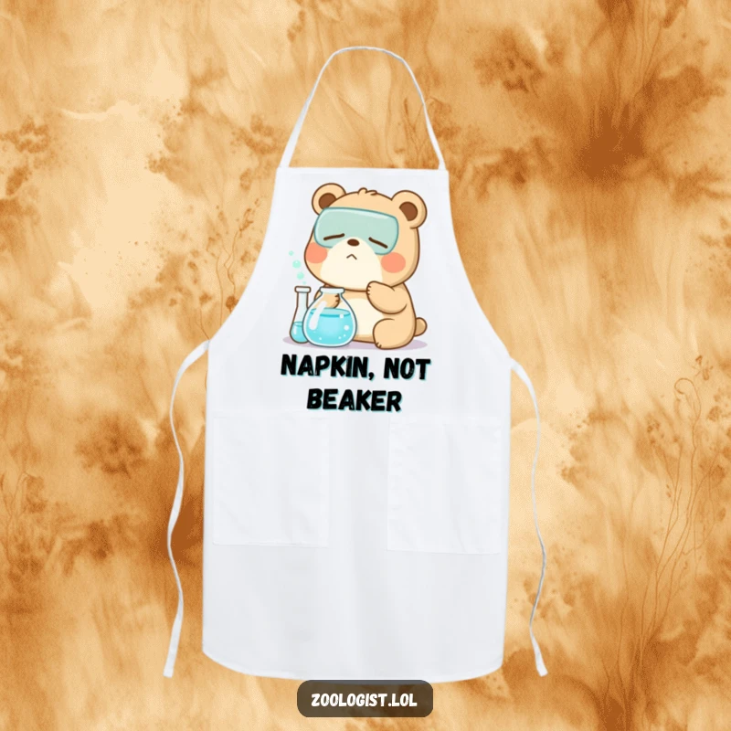 Funny Kawaii bear zoologist character yawning near a bubbling beaker, a humorous and protective apron for scientists and cooks.
