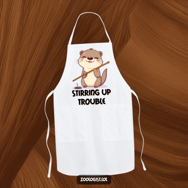 Funny otter apron featuring a giggling otter using a stick to poke a hole, adding playful charm to kitchen tasks.