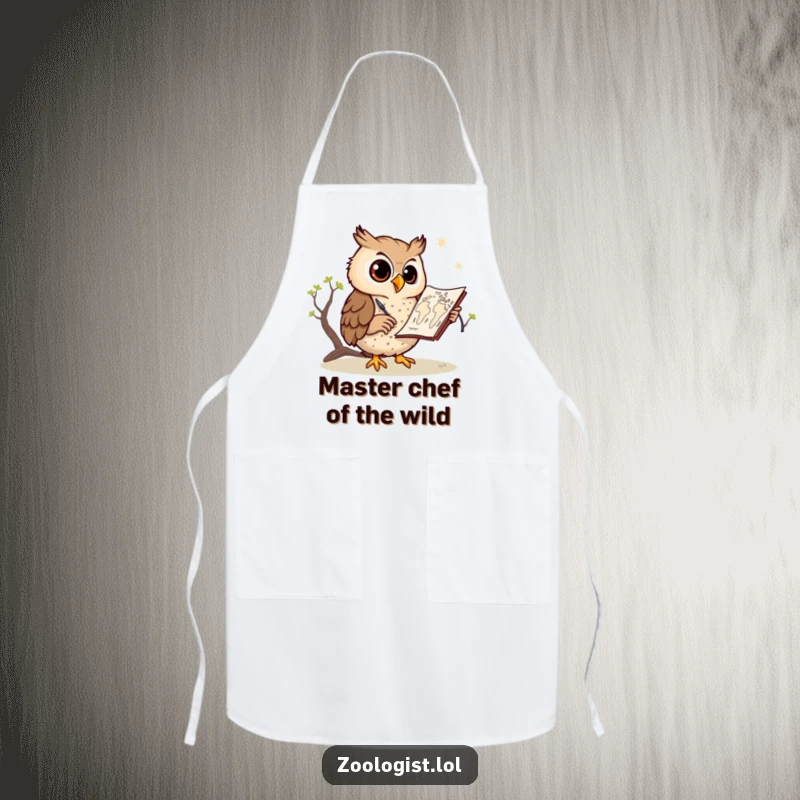 Funny owl apron, an owl enthusiastically sketching a savanna map, ready for culinary adventures, perfect for the kitchen.