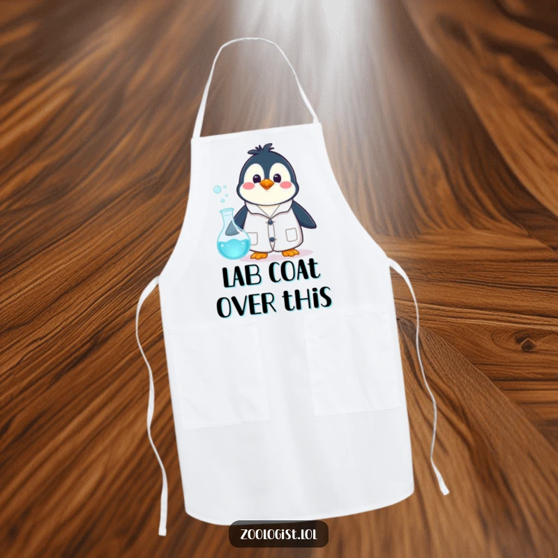 Funny happy penguin character in a lab coat, surprised by a bubbling beaker, on a protective apron for chefs and scientists.