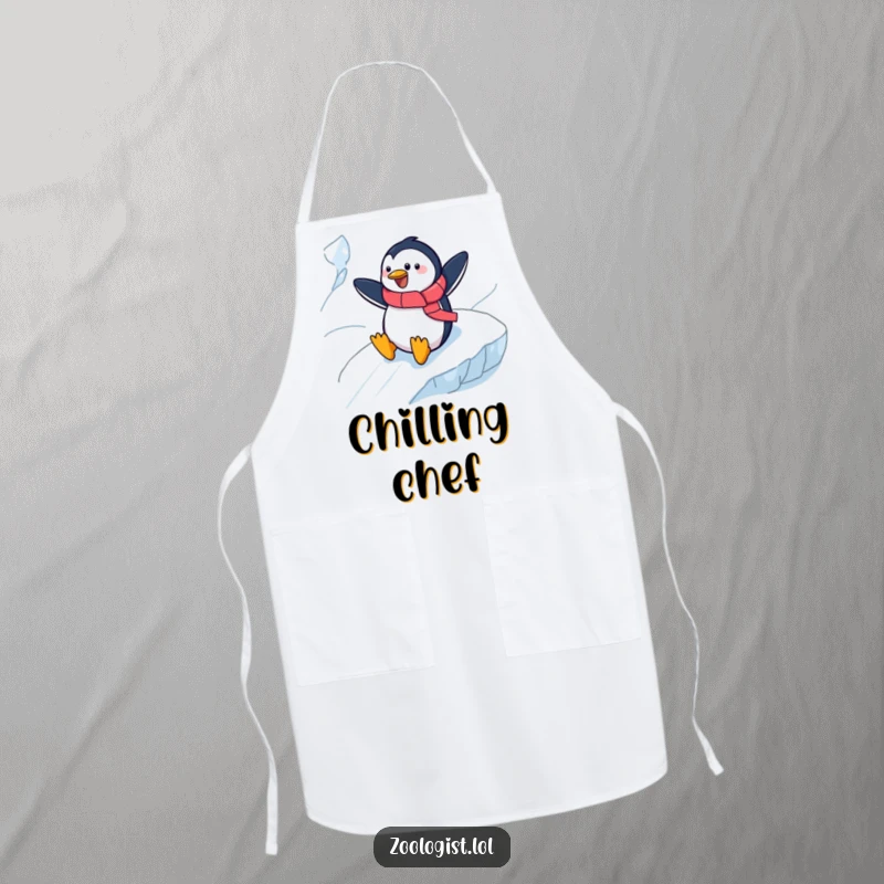 Funny cheerful penguin zoologist sliding down an icy slope on a protective apron, ideal for kitchen fun and humorous activities.