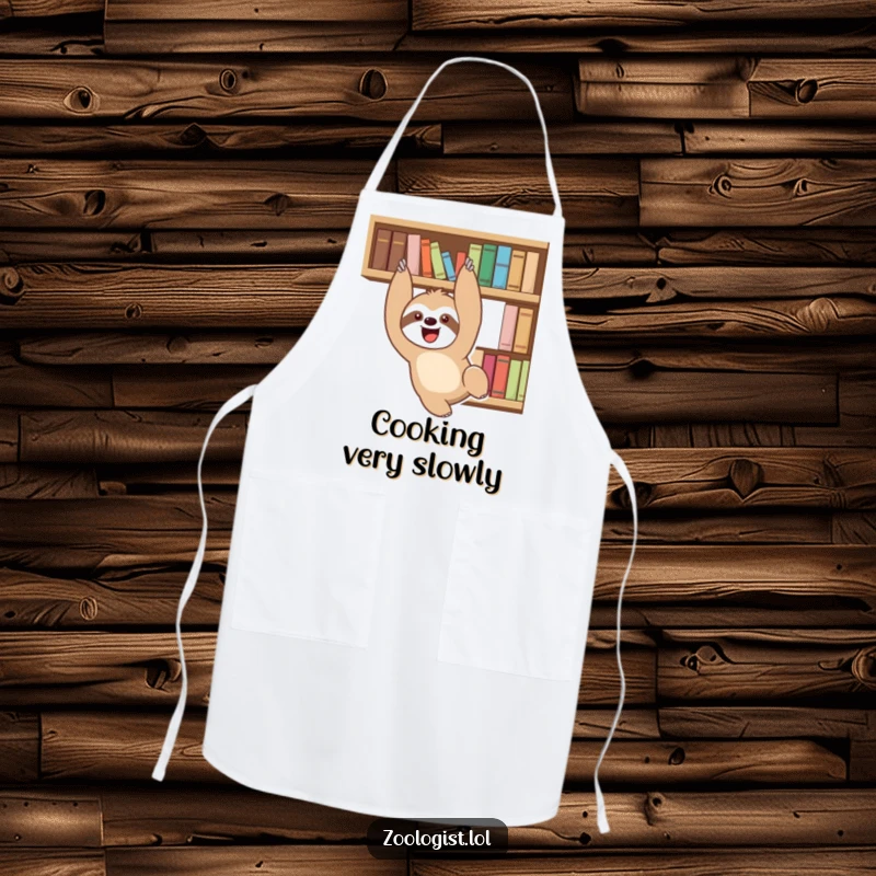 Funny delighted sloth character playfully dangling from a bookshelf, on a protective apron for chefs and crafters.