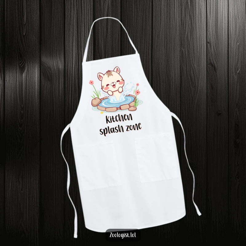 Funny kitchen apron depicting a cute animal character gleefully splashing water from a small pond, with water droplets flying enthusiastically.