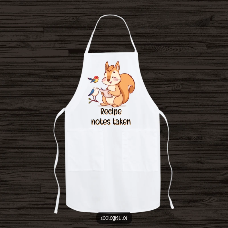 Funny Apron: Happy squirrel taking notes while watching a bird, bringing humor and protection to outdoor or kitchen tasks.