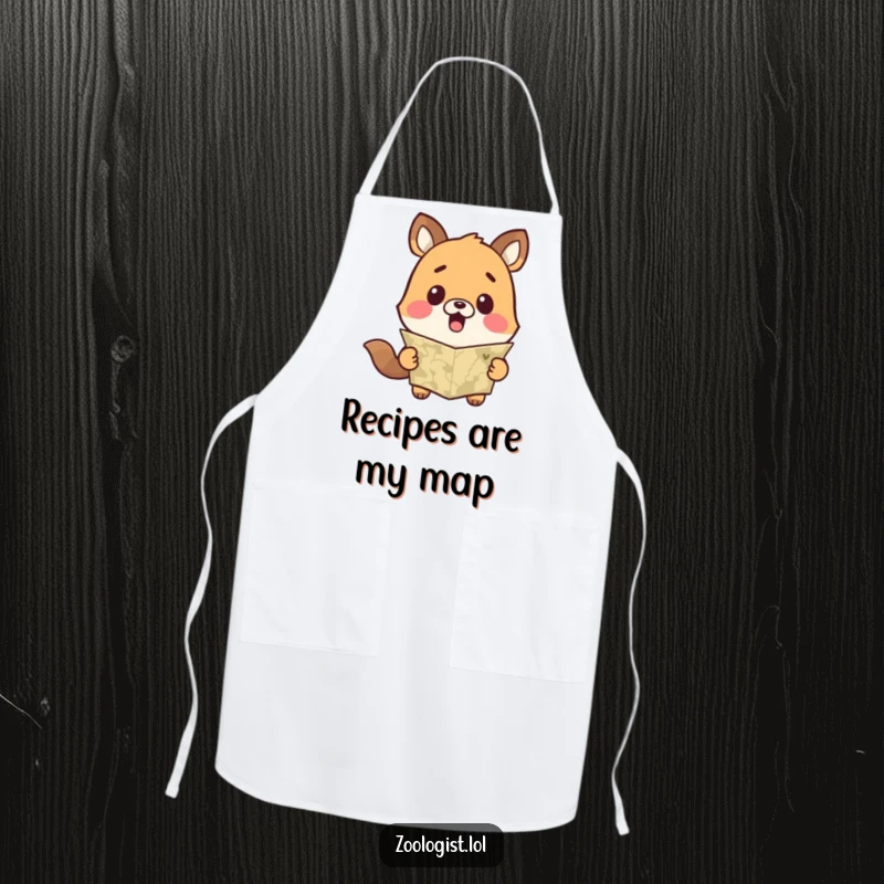 Funny apron with a cute animal character showing surprise while holding a map, designed for cooks who love to laugh.