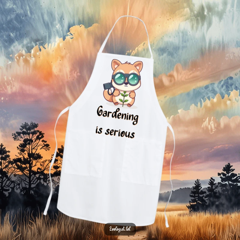 Funny cute animal zoologist with oversized binoculars looking at a tiny plant, protective apron, gardening humor, perfect funny gift.