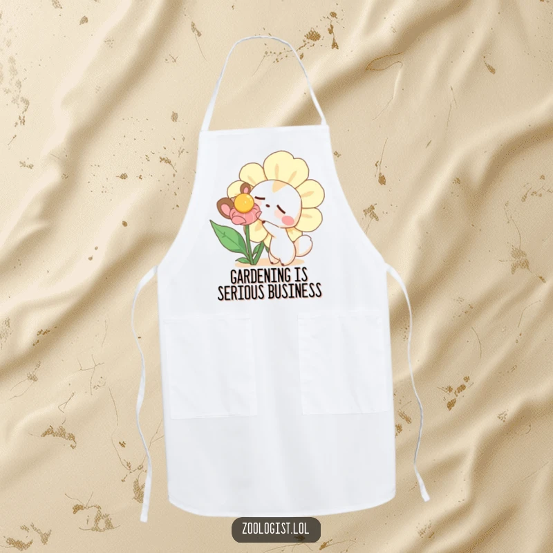 Funny apron illustrating a curious animal character gently poking a giant sleepy flower, bringing lighthearted humor to the kitchen.