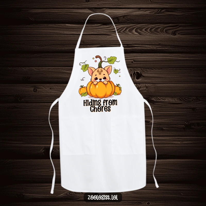 Funny apron with a mischievous animal character hiding behind a potted plant, ready for kitchen antics and humorous cooking.