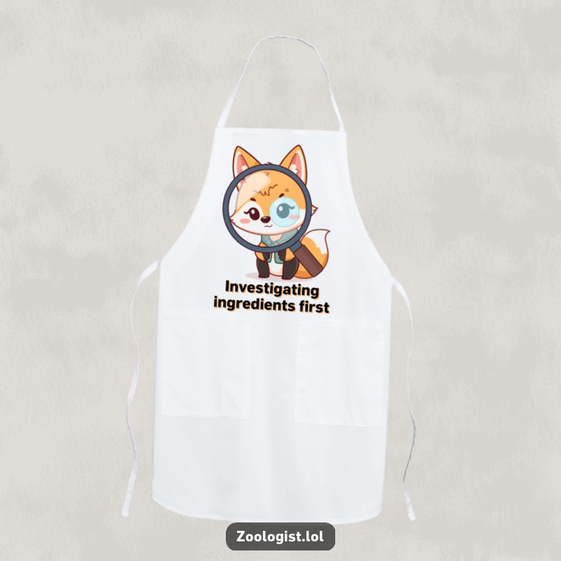 Funny Kawaii Fox Zoologist Apron: A playful fox scientist peeks through a magnifying glass, perfect for funny cooking adventures.