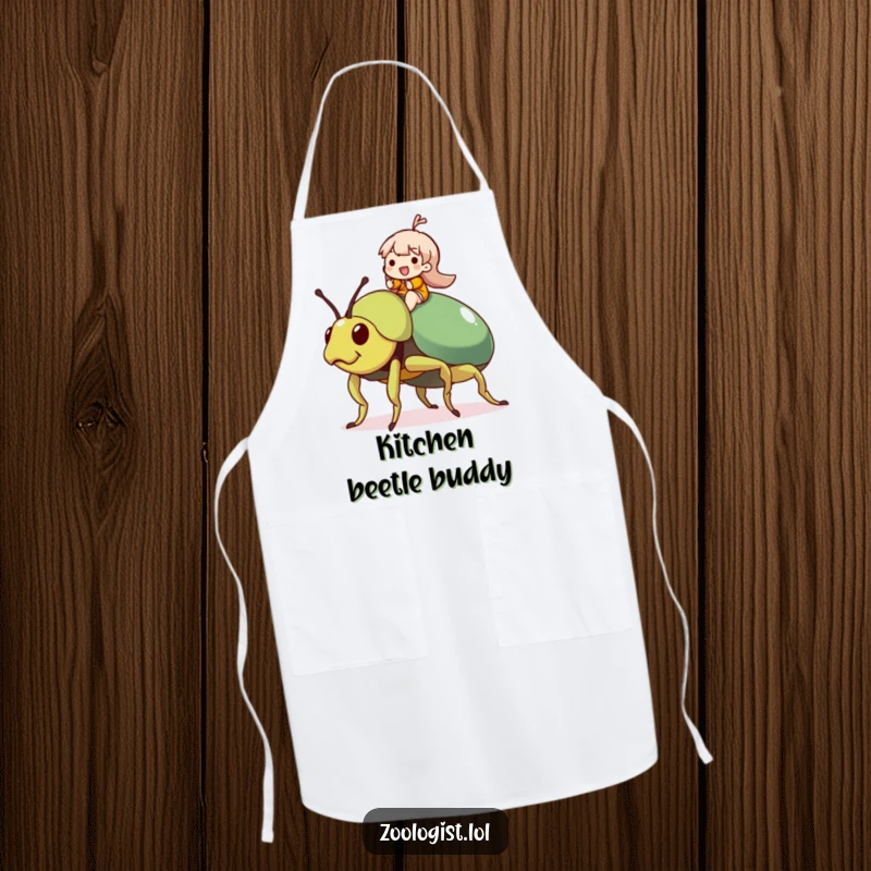 Funny Beetle Rider Apron: Character happily rides a giant, friendly beetle while cooking, adding humor to kitchen tasks.