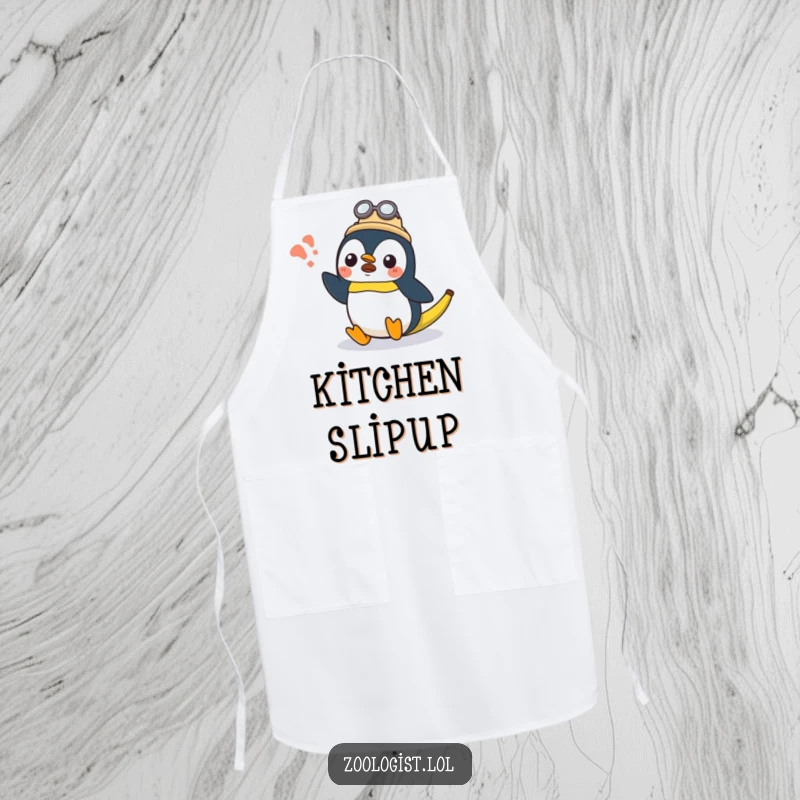 Funny surprised Kawaii penguin zoologist character slipping on a banana peel on a cooking apron, perfect funny gift.