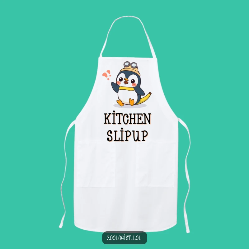 Funny Kawaii Penguin Zoologist Apron: Surprised Banana Slip, Kitchen Gift