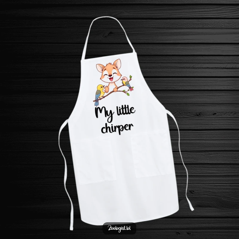 Funny happy animal gazer pointing excitedly at a small bird, protective apron, gardening and outdoor humor, perfect funny gift.