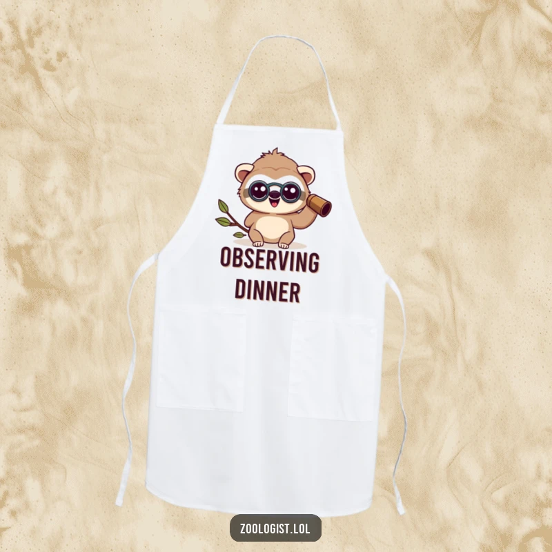 Funny happy Kawaii sloth zoologist character wearing binoculars, looking amazed, cooking apron for nature lovers, funny gift.