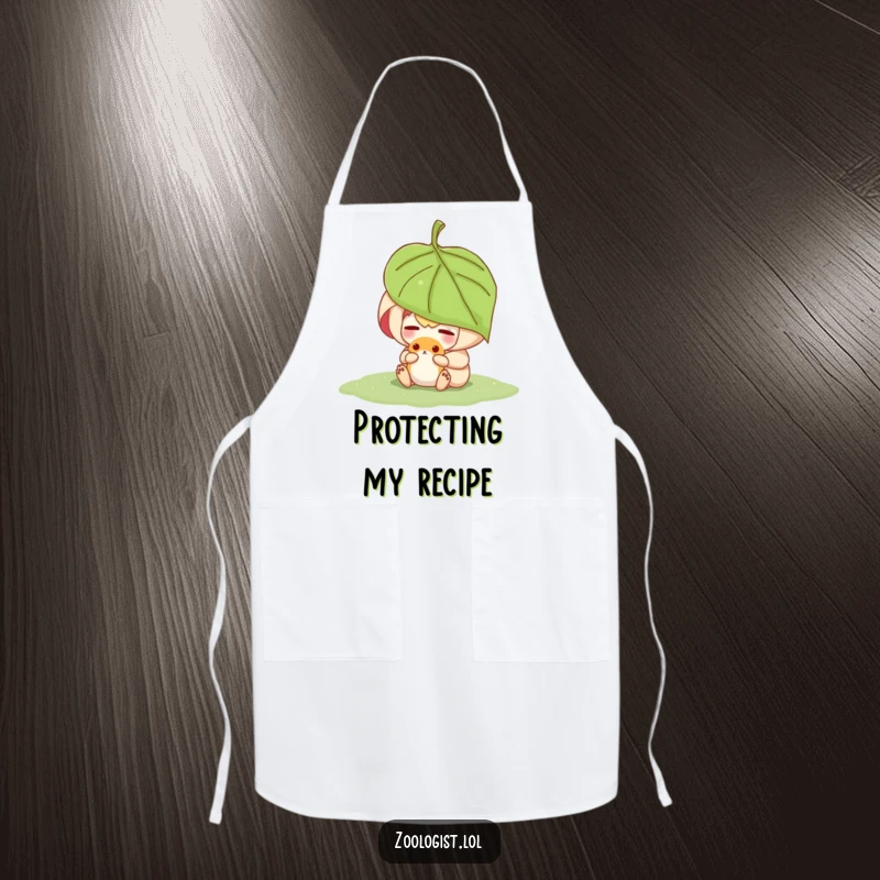Funny character sheltering a small animal under a leaf while cooking, featured on a protective and humorous apron.