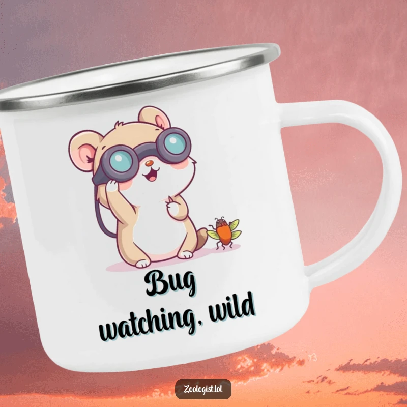 Funny camping mug with a small animal character cheerfully using binoculars to observe a tiny bug, for nature lovers on the go.
