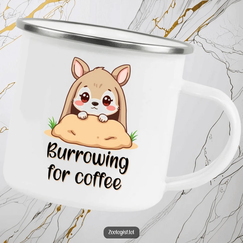 Funny Camping Mug: Cute animal character peering into a burrow with a quizzical expression, ready for adventure.