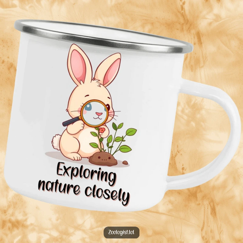 Funny Camping Mug: Cute rabbit examining a plant with a magnifying glass, designed for nature explorers and botany fans.