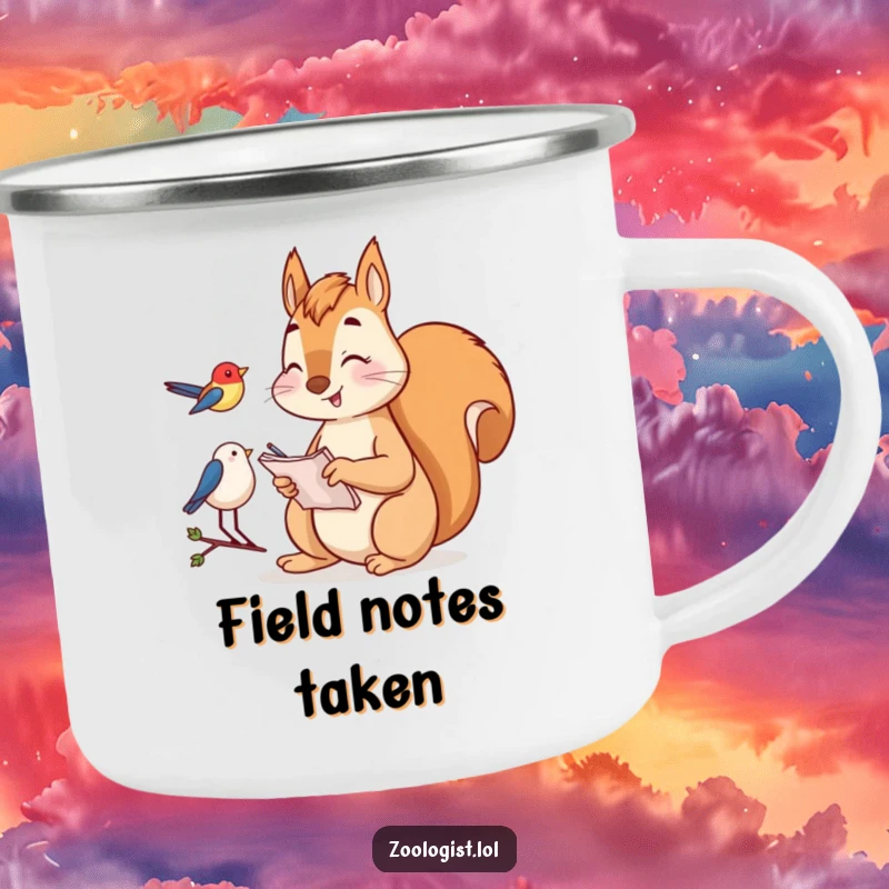 Funny Camping Mug: Happy squirrel taking notes while watching a bird, designed for nature explorers and birding fans.