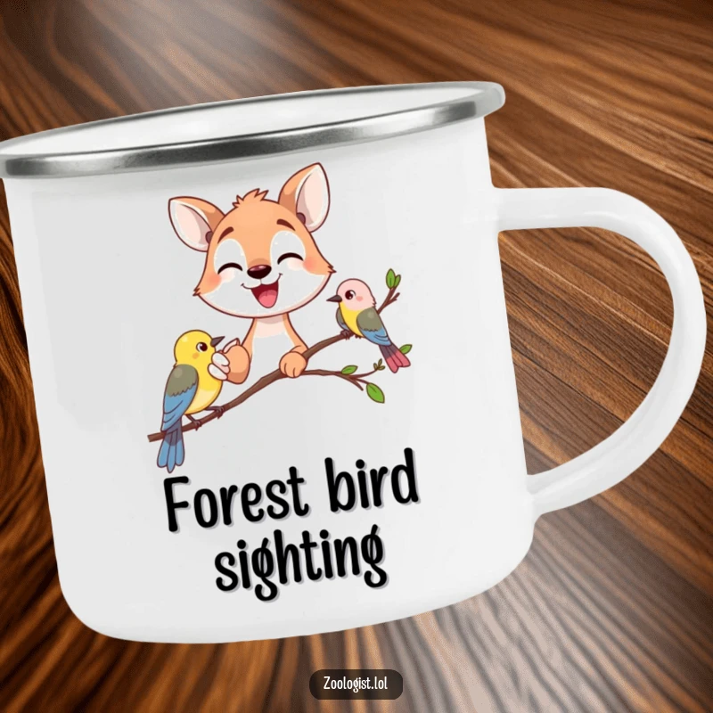 Funny happy animal gazer pointing excitedly at a small bird, enamel camping mug, outdoor humor, perfect funny gift.