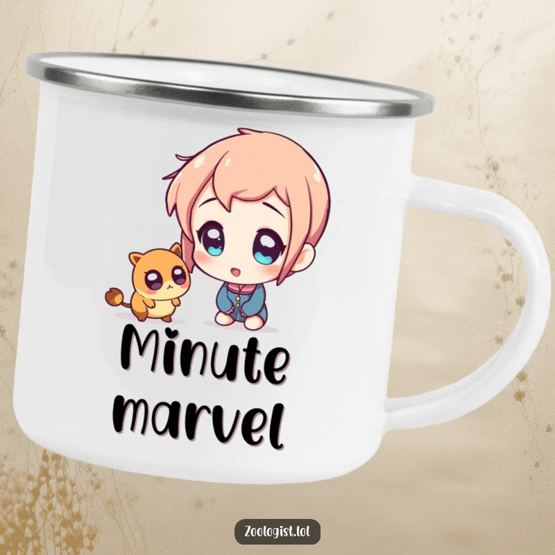 Funny camping mug showing a character with immense, amazed eyes observing a minuscule creature, ideal for outdoor enthusiasts.