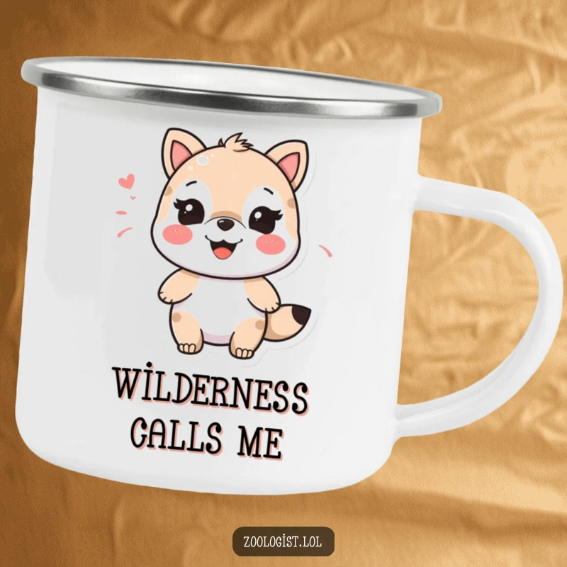 Funny character happily imitating an animal sound with a big smile, a humorous and durable camping mug.