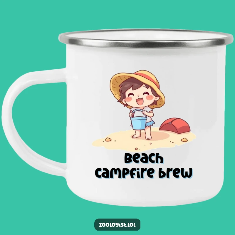 Funny Beach Character Camping Mug: Joyful Bucket & Spade, Outdoor Gift