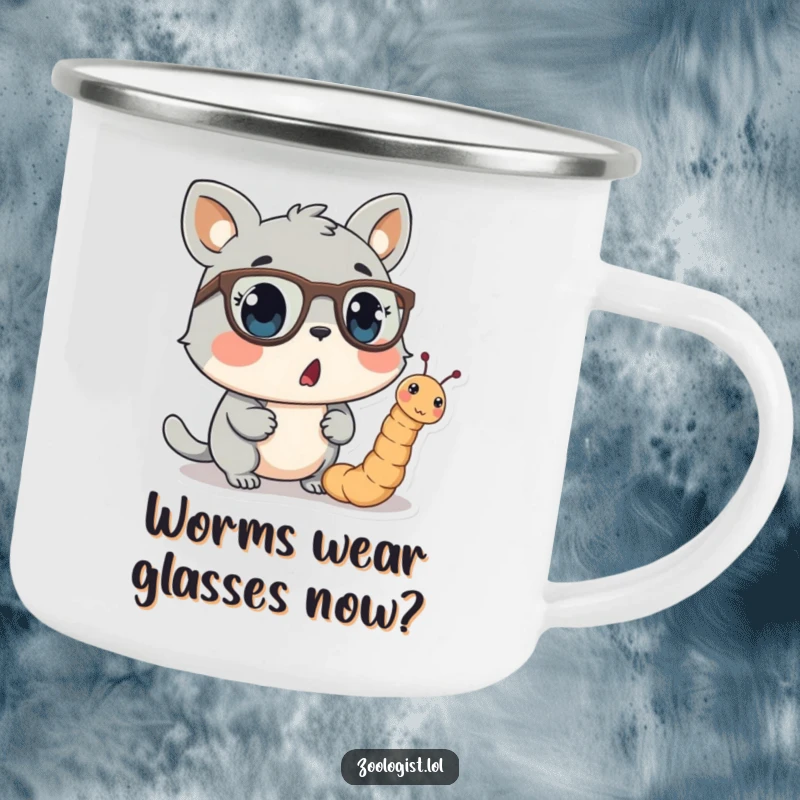 Funny camping mug with a surprised animal character gazing at a worm sporting tiny spectacles, ideal for outdoor humor.