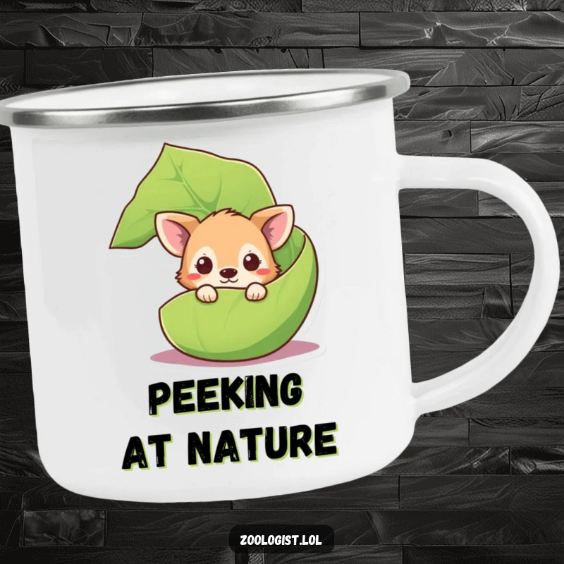 Funny curious animal camping mug with a cute creature peeking from behind a large leaf, perfect for outdoor enjoyment.