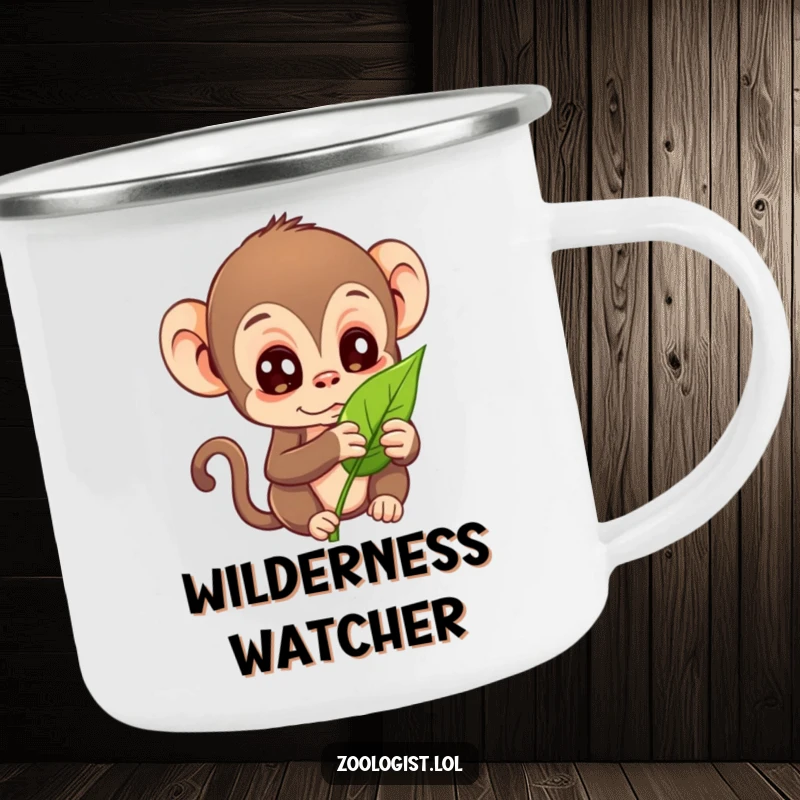 Funny camping mug with a curious monkey character examining a leaf, perfect for outdoor humor and utility.